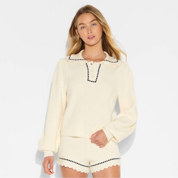 wild fable Sweaters - Wild Fable White Black Ribbon Micro Shorts Collared Sweater Henley Set Small